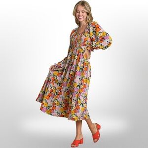 Flower Child Smocked Maxi Dress – Square Neck Boho Floral (S) 🌸 🌼 🌹🌻